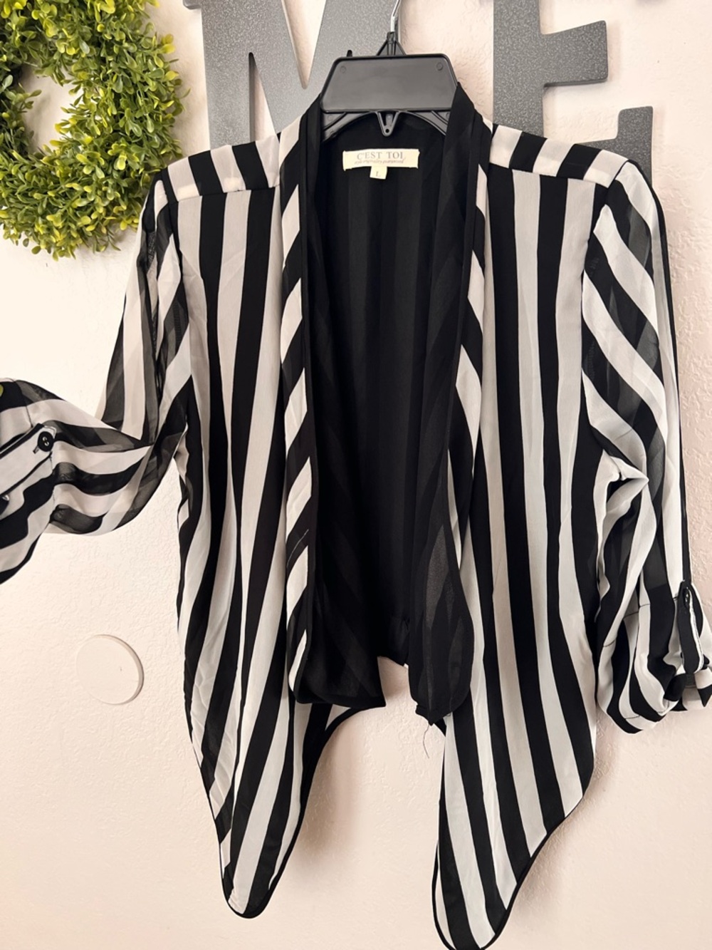C'est Toi Black & White Striped Open-Front Blouse